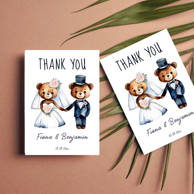 Cute teddy bears bridal couple wedding thank you card (Cute whimsical funny teddy bears dressed as bride and groom wedding thank you card template)