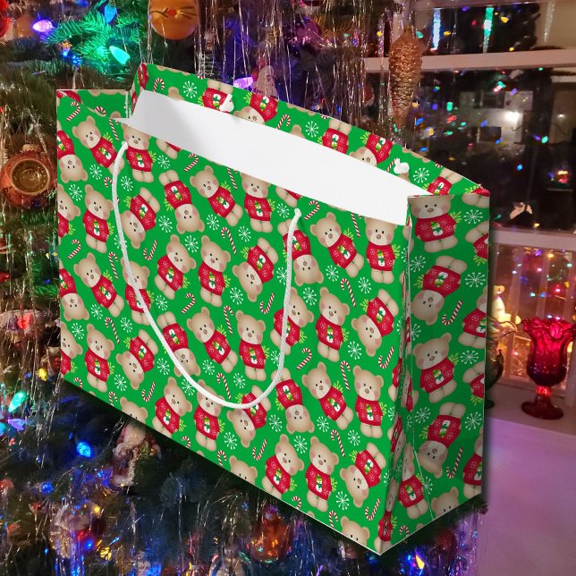 Cute Teddy Bears Candy Canes Red Green Christmas Large Gift Bag (Creator Uploaded)