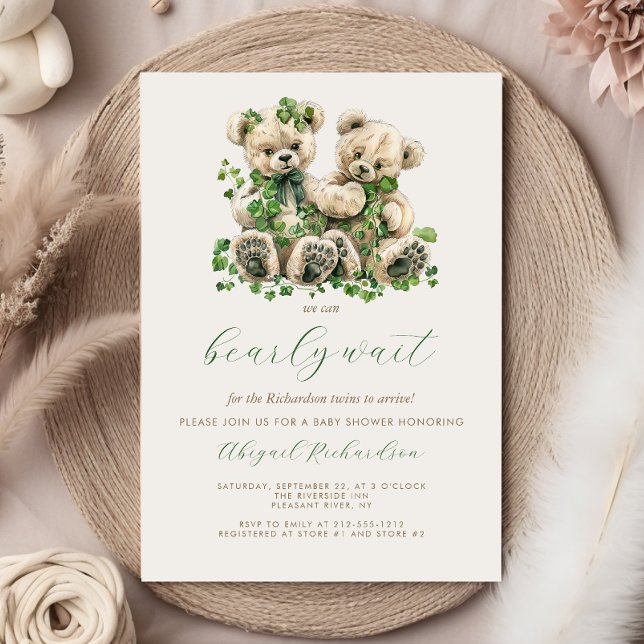 Cute Teddy Bears Green Ivy Twins Baby Shower Invitation (Creator Uploaded)