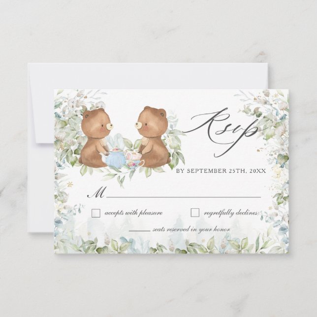 Cute Teddy Bears High Tea Party Twins Baby Shower  RSVP Card (Front)