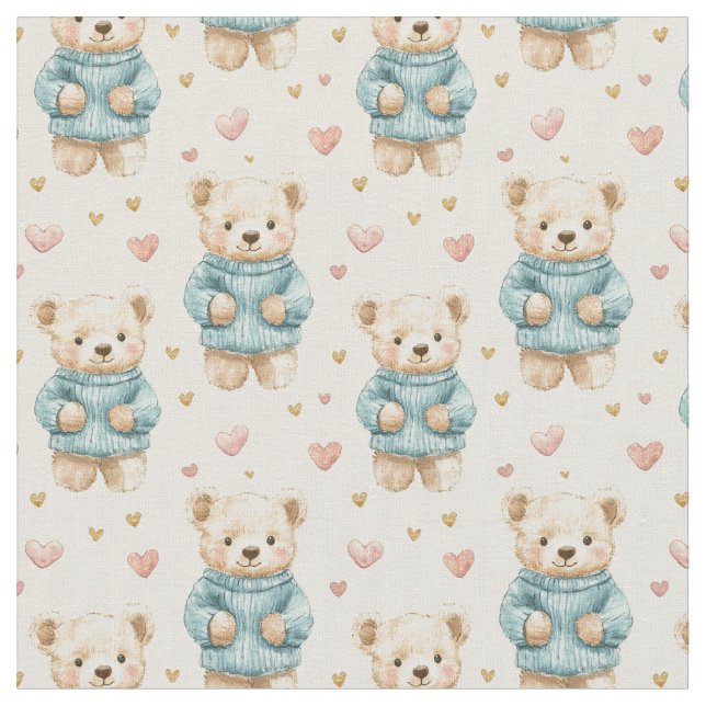 Cute Teddy Bears in Blue Sweaters Fabric (Close Up)