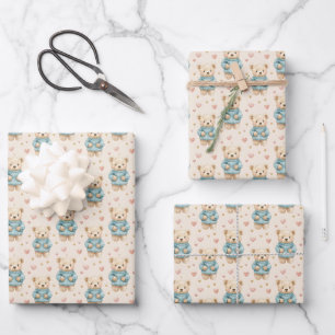 Cute Teddy Bears in Blue Sweaters Wrapping Paper Sheet