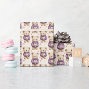 Cute Teddy Bears in Purple Sweaters Wrapping Paper