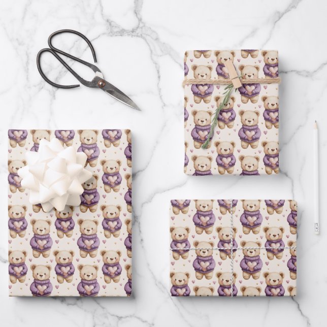 Cute Teddy Bears in Purple Sweaters Wrapping Paper Sheet (Front)