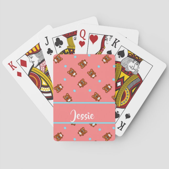 Cute teddy bears on pink playing cards (Back)