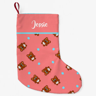 Cute teddy bears on pink small christmas stocking
