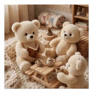 Cute Teddy Bears Playing In Cozy Room Toys Fleece Poster