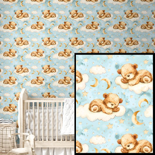 Cute Teddy Bears Sleeping Clouds Moon Stars Blue   Wallpaper