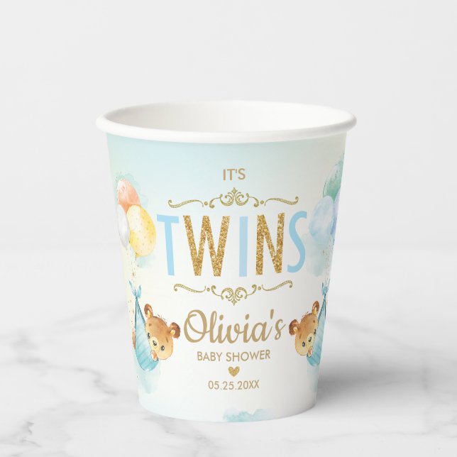 Cute Teddy Bears Twins Baby Boys Twin Baby Shower  Paper Cups (Front)