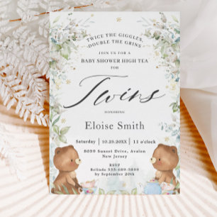 Cute Teddy Bears Twins High Tea Party Baby Shower Invitation