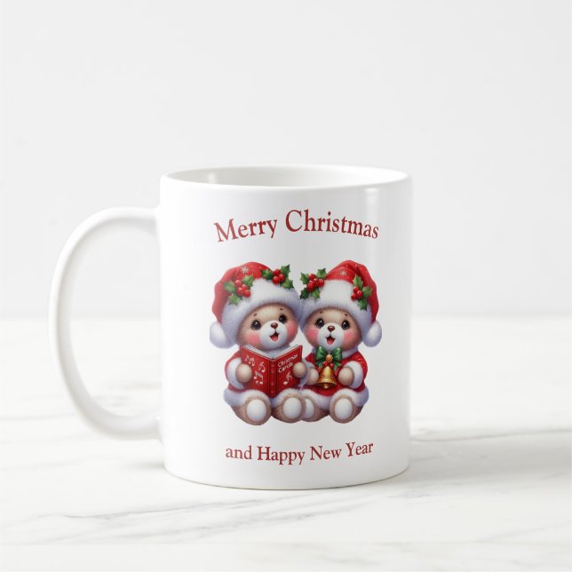 Cute Teddy bears twins singing Christmas carols Coffee Mug (Left)