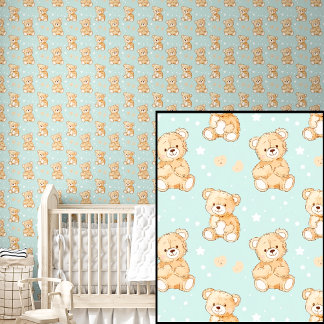 Cute Teddy Bears White Stars on Soft Green Wallpaper
