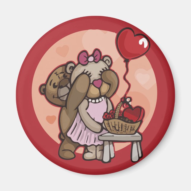 Cute teddy couple in red magnet (Front)