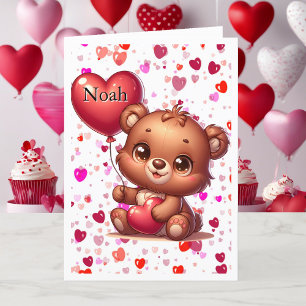 Cute Teddy Dear Name on Heart Balloon Valentine Holiday Card
