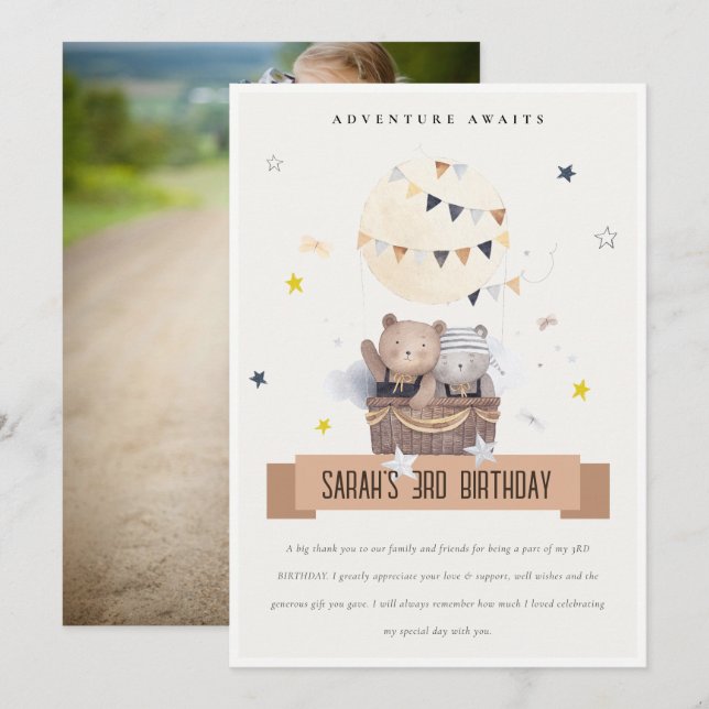 Cute Teddy Hot Air Balloon Kids Photo Birthday Thank You Card (Front/Back)