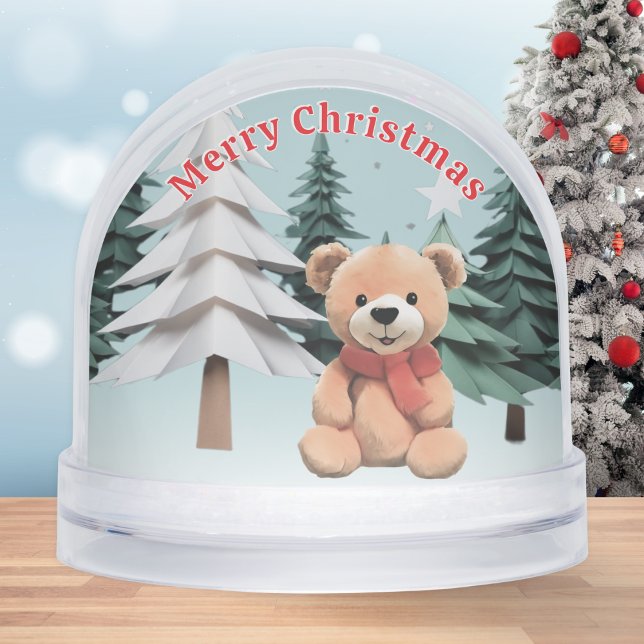 Cute Teddy Merry Christmas Custom Message Snowglobe (A personalized snowglobe with cute teddy picture, Merry Christmas greeting and snow scenes)