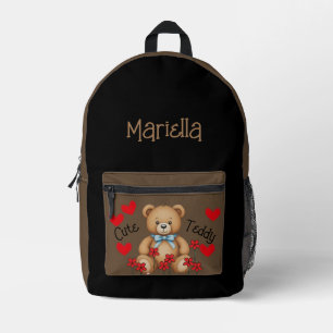 Cute Teddy Personalised your name black brown Printed Backpack