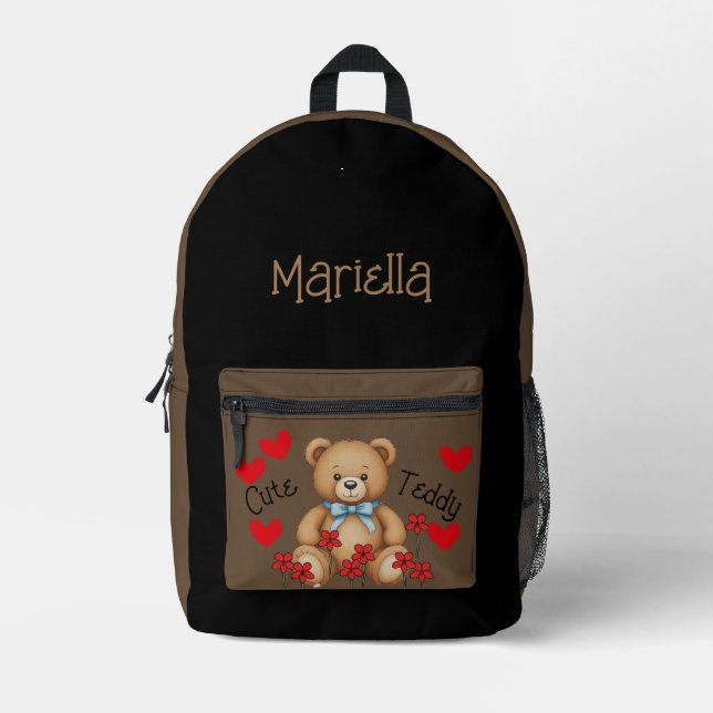 Cute Teddy Personalised your name black brown Printed Backpack (Front)