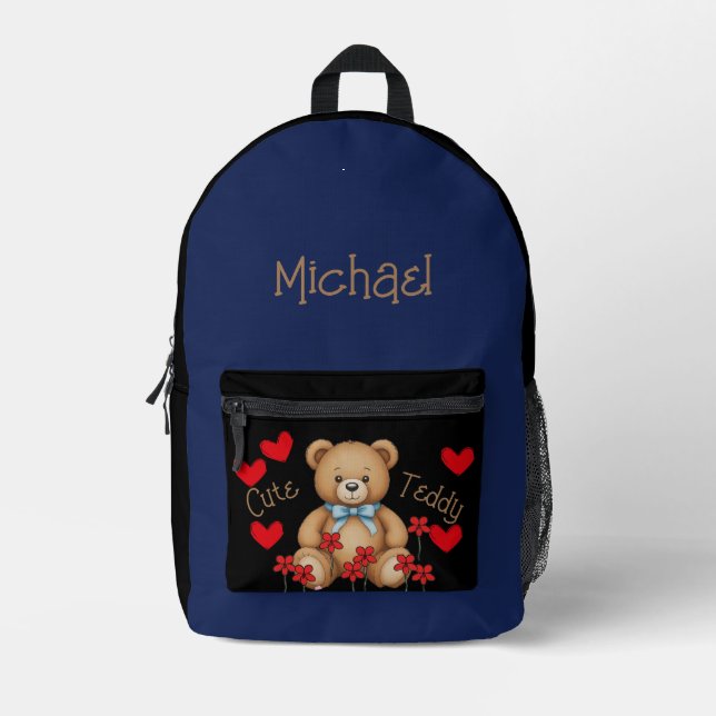 Cute Teddy Personalised Your Name Blue Printed Backpack (Front)
