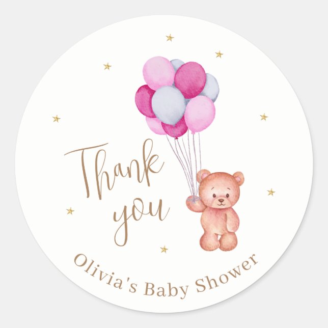 Cute Teddy Pink Balloon Thank You Baby Shower Classic Round Sticker (Front)