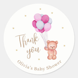 Cute Teddy Pink Balloon Thank You Baby Shower Classic Round Sticker
