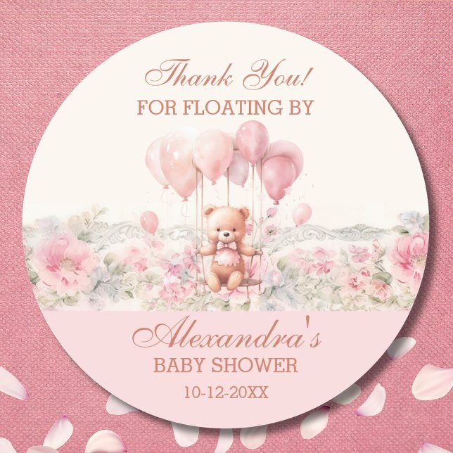 Cute Teddy Pink Girl Baby Shower Thank You Classic Round Sticker (Creator Uploaded)