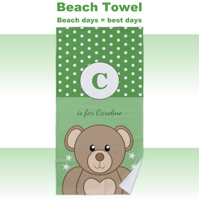 Cute teddy polka dots stars green and white beach towel (Creator Uploaded)