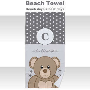 Cute teddy polka dots stars grey and white beach towel