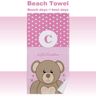 Cute teddy polka dots stars pink and white beach towel