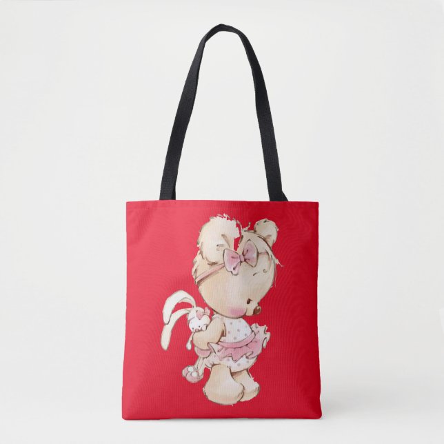 Cute teddy printed red Tote bag (Front)
