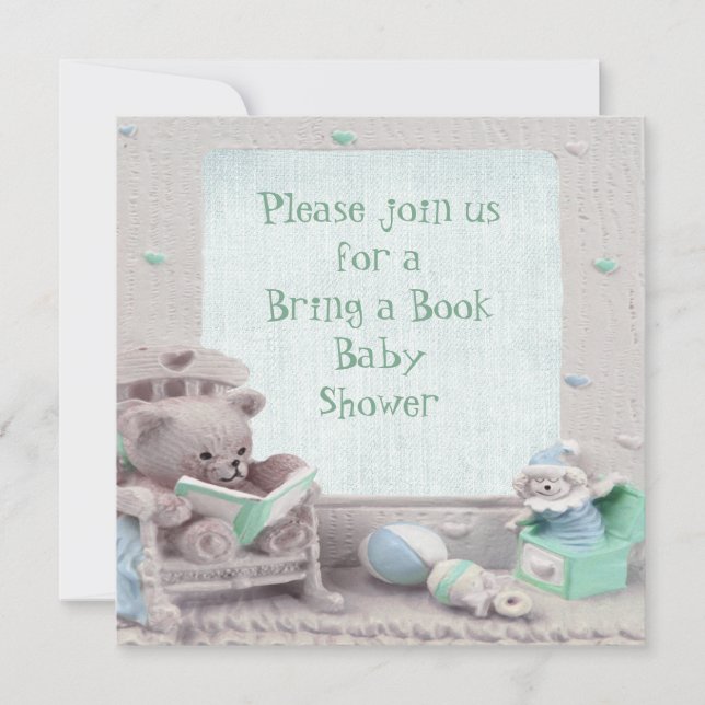 Cute Teddy Reading Bring a Book Baby Shower Invitation (Front)