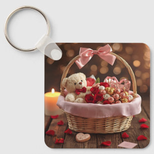 Cute Teddy Rose Basket Romantic Valentine Heart Key Ring