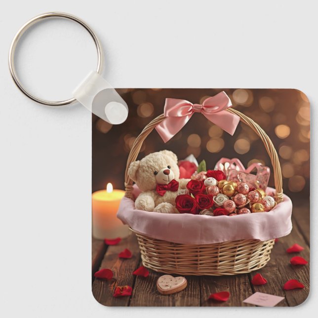 Cute Teddy Rose Basket Romantic Valentine Heart Key Ring (Front)