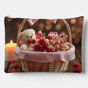 Cute Teddy Rose Basket Romantic Valentine Makeup Accessory Pouch