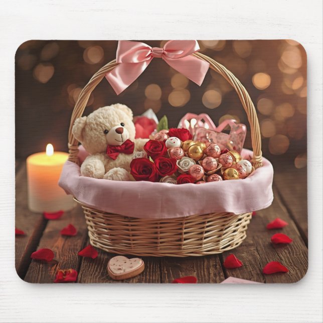 Cute Teddy Rose Basket Romantic Valentine Office Mouse Mat (Front)