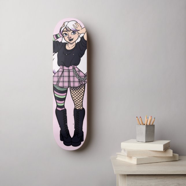 Cute Teen Punk Girl Pink Green Manga Illustration Skateboard (Wall Art)