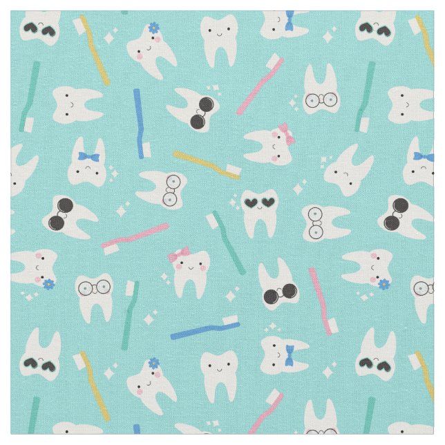 Cute Teeth Paediatrics Dentistry Turquoise Pattern Fabric (Close Up)