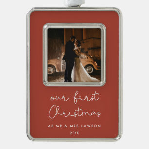 Cute Terracotta Our First Christmas Photo Silver Plated Framed Ornament