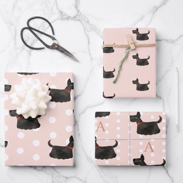 Cute terrier personalised pink spotted wrapping paper sheet (Front)