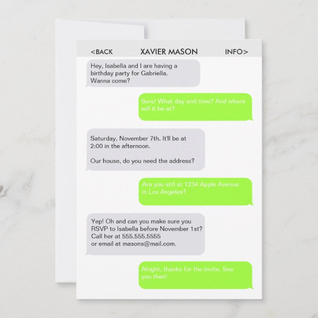 Cute Text Message Party Invitation (Front)