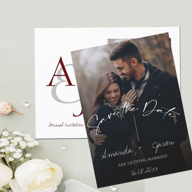 Cute Text Overlay Monogram Two Photo Wedding  Announcement Postcard (Creator Uploaded)