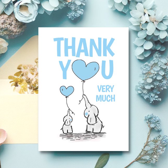 Cute THANK YOU Baby Shower Elephant Blue Boy BLANK Card (Creator Uploaded)