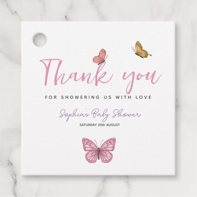 Cute Thank You Butterfly Girls Baby Shower Favour Tags (Front)