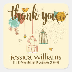 Cute Thank You Design Wedding Birds & Flowers Square Sticker