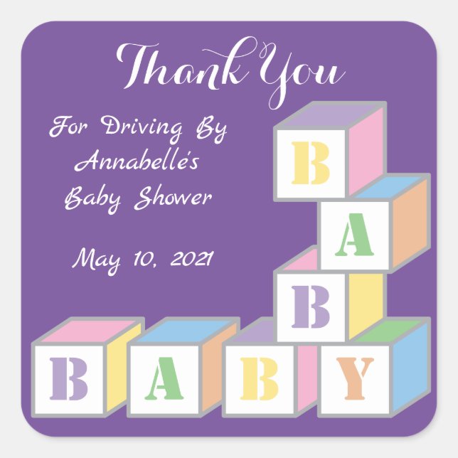 Cute Thank You Drive By Baby Shower Purple Square Sticker (Front)
