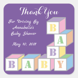Cute Thank You Drive By Baby Shower Purple Square Sticker