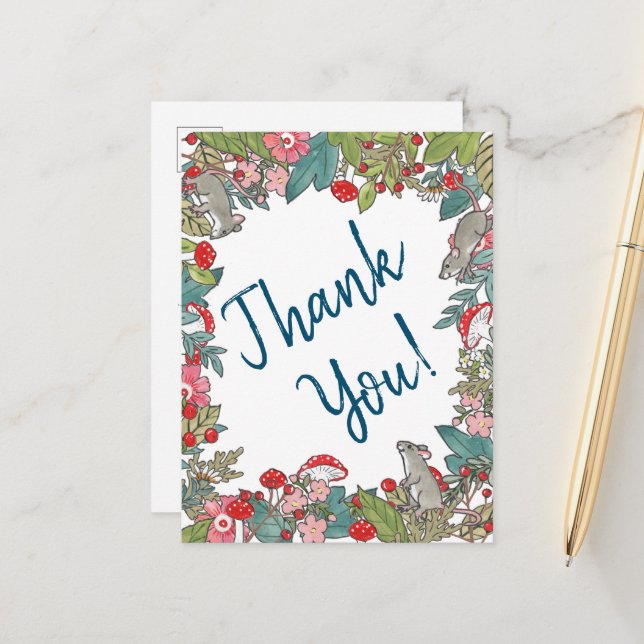 Cute Thank You Mice Mouse Woodland Foliage Postcard (Front/Back In Situ)