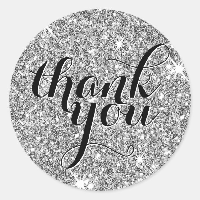 CUTE THANK YOU modern simple glitter silver black Classic Round Sticker (Front)