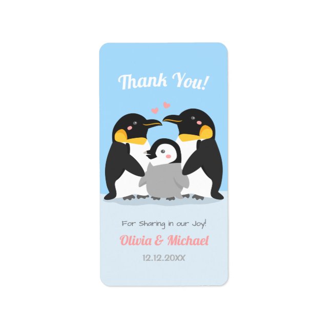 Cute Thank You Penguin Family Baby Shower Party Label (Front)