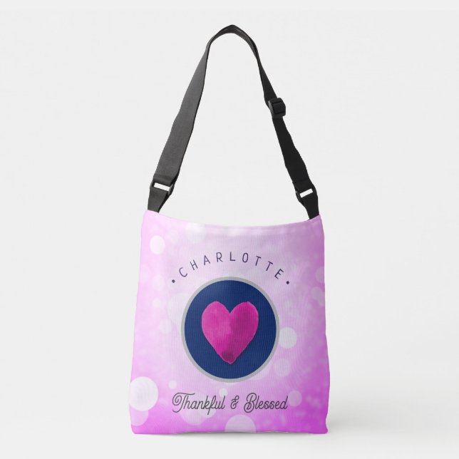 Cute Thankful and Blessed Heart Add Your Name Pink Crossbody Bag (Front)